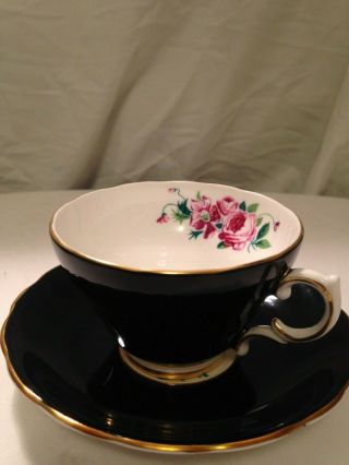Vintage Wellington Bone China Black,  White,  Floral Tea Cup & Saucer