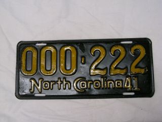 1941 North Carolina Sample License Plate Nc 000 - 222 Zero Vintage Number Tag