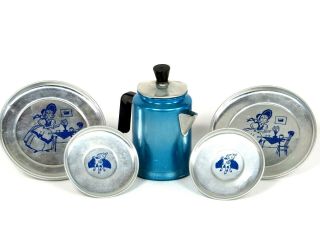 Vintage Tin Tea Set Bo Peep Pot Plate Saucer Toy Ohio Art Litho Silver Blue Dish