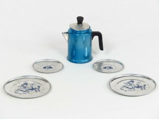 Vintage Tin Tea Set Bo Peep Pot Plate Saucer Toy Ohio Art Litho Silver Blue Dish 2