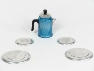 Vintage Tin Tea Set Bo Peep Pot Plate Saucer Toy Ohio Art Litho Silver Blue Dish 3