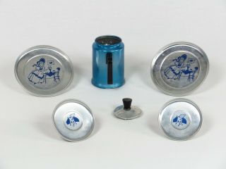 Vintage Tin Tea Set Bo Peep Pot Plate Saucer Toy Ohio Art Litho Silver Blue Dish 4