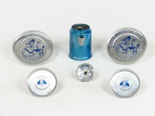 Vintage Tin Tea Set Bo Peep Pot Plate Saucer Toy Ohio Art Litho Silver Blue Dish 5