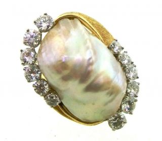 Estate Vintage Large Rivet Pearl & Diamond Platinum & 18k Gold Ring