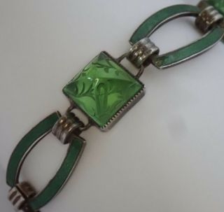 Antique Art Deco Sterling Silver Enamel Carved Emerald Green Glass Bracelet