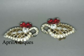Vintage Marcel Boucher Phrygian Red Rhinestone Glass Gold - Tone Bow Earrings