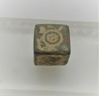 Ancient Roman Bronze Cubic Gaming Piece With Ring And Dot Motifs Rare