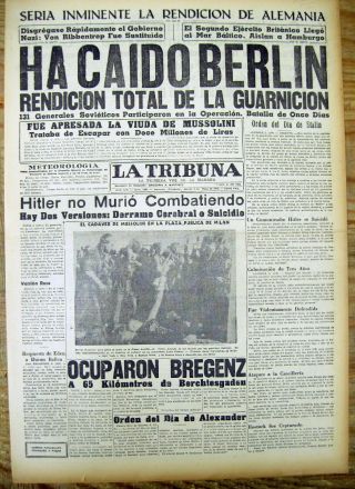 1945 Ww Ii Newspaper Hitler Dead Russians Capture Berlin Mussolini Death Photo