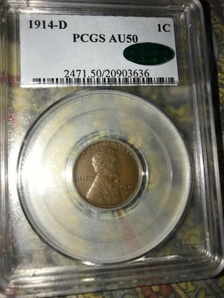 1914 - D Lincoln Wheat Cent Pcgs Au50 Rare Old Type Coin Penny Key Date With Cac
