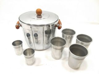 Vintage 1930s Art Deco Chrome & Bakelite Bar Ice Bucket,  Drink Serving Cups