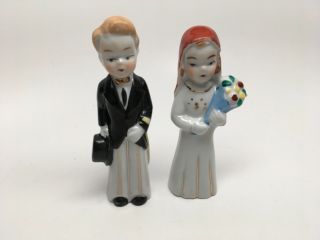 Rare Antique/vintage Porcelain Bride (in Red Veil) & Groom Figurines - Japan