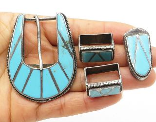 Navajo 925 Silver - Vintage Antique Turquoise Inlay Belt Buckle Set - T1470