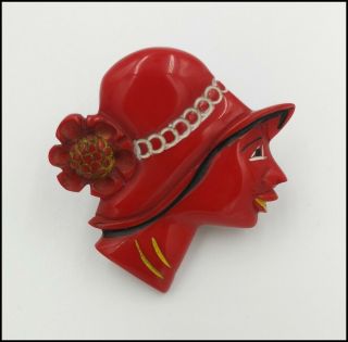 Vintage Carved Red Bakelite Flapper Lady Cloche Hat Pin Brooch