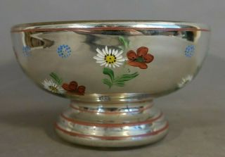 19c Antique Victorian Era Mercury Art Glass Old Flower Painting Compote Bowl