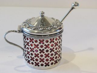 Sterling Silver Lidded & Hinged Repousee Cranberry Glass Mustard Pot & Spoon