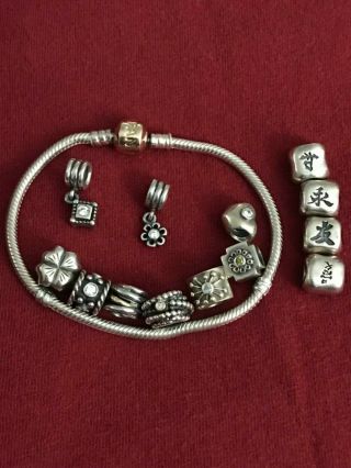 Pandora 14k Gold Clasp Sterling Silver Charm Bracelet Never Worn With 14 Pandora
