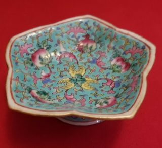 Vintage Hand Painted China Stamp Chinese Pink Blue Flower Footed Dish Porcelain