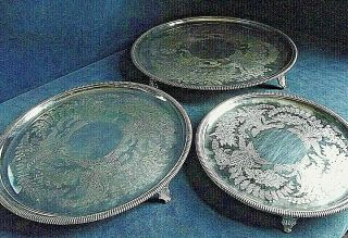 Set 3 Silver Plate Engraved Salver Trays C1890 By Thomas Bradbury