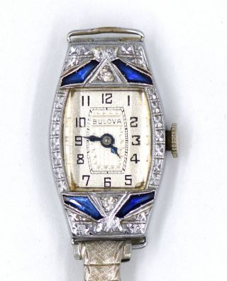 Antique Art Deco Sapphire Diamond Bulova Dress Watch 14k White Gold 6ap