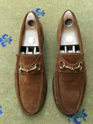 Gucci Mens Shoes Tan Brown Suede Horsebit Loafers Uk 10 Us 11 Eu 44 Vintage 9.  5