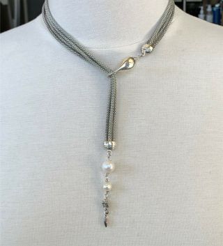 Michael Dawkins Mesh Sterling Silver Multi - Strand & Pearl Lariat Necklace