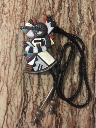 Vintage Native American Mosaic Inlay Sterling Silver One Horn Bolo Andrew Dewa