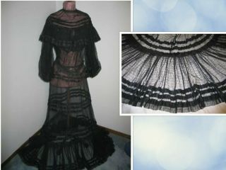 Antique Victorian Dress C1800s Black Satin Silk Lace - 2 Piece Dress - Mourning