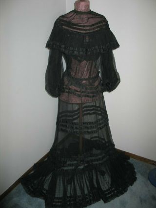 Antique Victorian Dress c1800s Black Satin Silk Lace - 2 piece dress - mourning 2