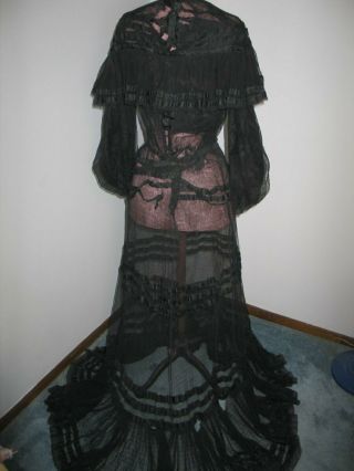 Antique Victorian Dress c1800s Black Satin Silk Lace - 2 piece dress - mourning 7