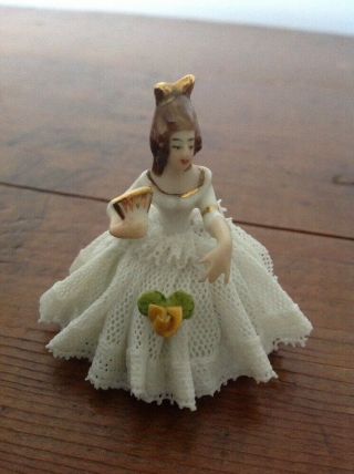 Vintage German Dresden 2 " Miniature Lace Lady Porcelain Figurine Ivory