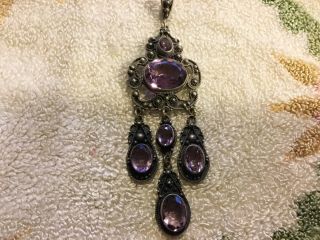 Antique Vintage Art Nouveau 800 Silver Drop/pendant With Amethyst & Metal Work