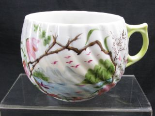 Vintage Mustache Cup Hand Painted Canoe Lake Scene Flowers Branches Mountains