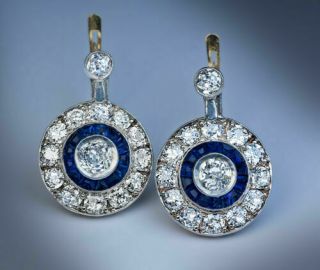 Vintage Art Deco 1 Ct Diamond Sapphire Antique Halo Earrings 14k White Gold Over