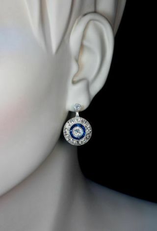 Vintage Art Deco 1 Ct Diamond Sapphire Antique Halo Earrings 14K White Gold Over 4