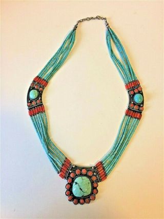 Old Tibetan Tribal Silver Turquoise Coral Neck Less
