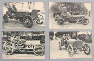 4 Rare Antique 1905 Paris Grand Prix Automobile Racecar Photograph Postcards