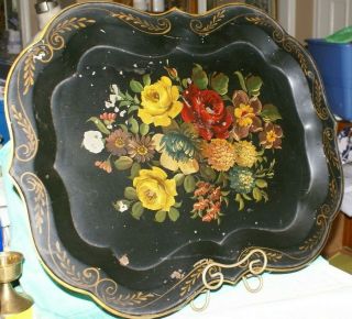 Vintage Large Hand Painted Floral Metal Tole Tray 23 " X 18 " Some Blem