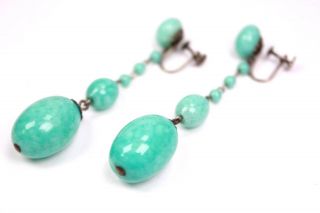 Art Deco French Silver Drop Earrings Jade Glass Or Stone Screw Clasp