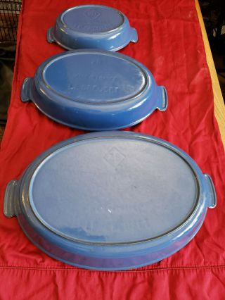 Le Creuset ' s 36,  28 & 20 Au Gratin dish set,  vintage,  blue enamel on cast iron 5