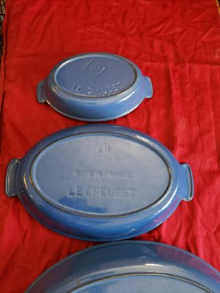 Le Creuset ' s 36,  28 & 20 Au Gratin dish set,  vintage,  blue enamel on cast iron 6