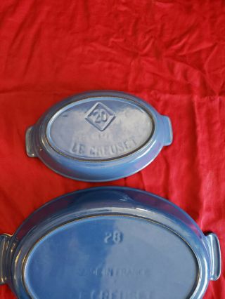 Le Creuset ' s 36,  28 & 20 Au Gratin dish set,  vintage,  blue enamel on cast iron 7
