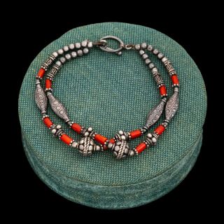 Antique Vintage Art Deco Sterling Silver Byzantine Bali Red Coral Chain Bracelet