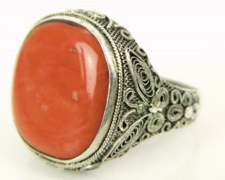 Vintage Old China Coral Filigree Cannetille Scroll 925 Sterling Silver Ring Sz.  8