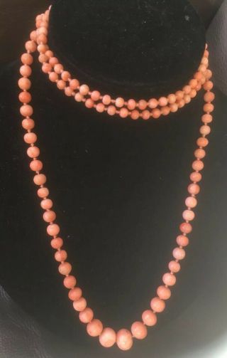 Antique Victorian Long,  Graduated Strand Of Natural Coral Beads.