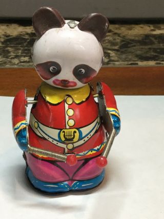 Vintage Metal Tin Wind Up Toy Panda With Drum Sticks - - Missing Key