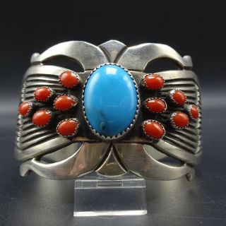 Vintage Navajo Sterling Silver Coral Cluster And Turquoise Cuff Bracelet 77.  1g