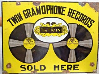 TWIN GRAMOPHONE RECORDS VINTAGE PORCELAIN ENAMEL SIGN DOUBLE SIDED COLLECTIBLES 2