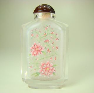 Antique Chinese Reverse Painted Glass Snuff Bottle,  Carnelian Top