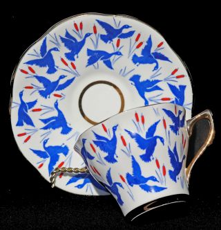 Tea Cup And Saucer Rosina Blue Ducks Waterfowl Cattails 5340 Vintage England