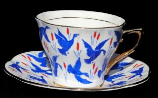 TEA CUP AND SAUCER ROSINA BLUE DUCKS WATERFOWL CATTAILS 5340 VINTAGE ENGLAND 2